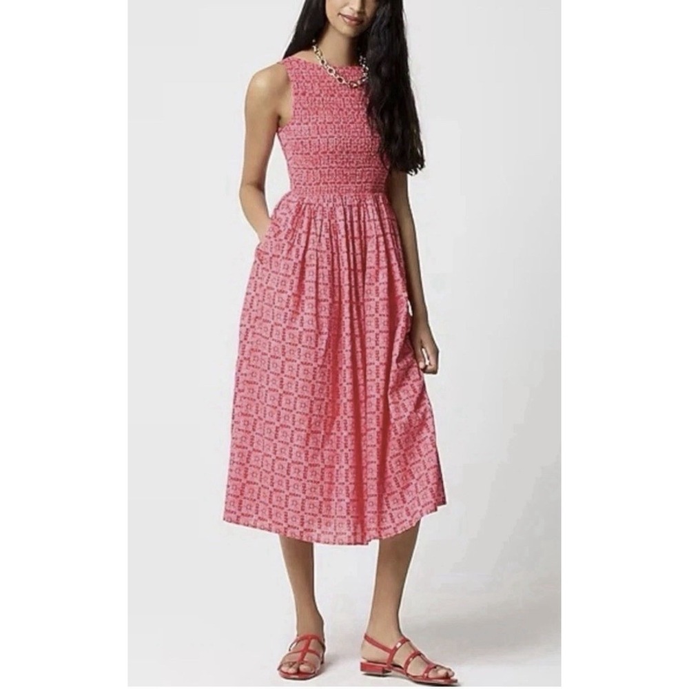 J.Crew Red Smocked Boatneck Midi Dress L Cottagecore Summer Block Print Pink